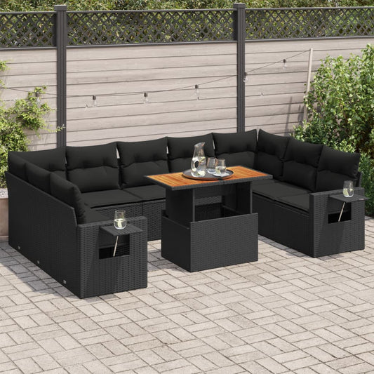 10-tlg. Garten-Sofagarnitur mit Kissen Schwarz Poly Rattan