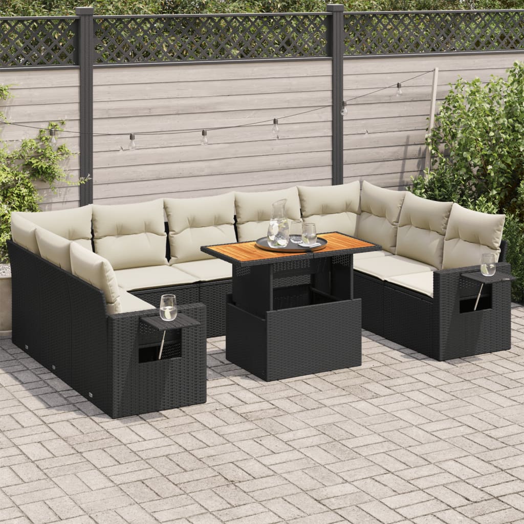 10-tlg. Garten-Sofagarnitur mit Kissen Schwarz Poly Rattan