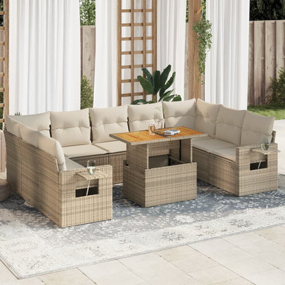 10-tlg. Garten-Sofagarnitur mit Kissen Beige Poly Rattan