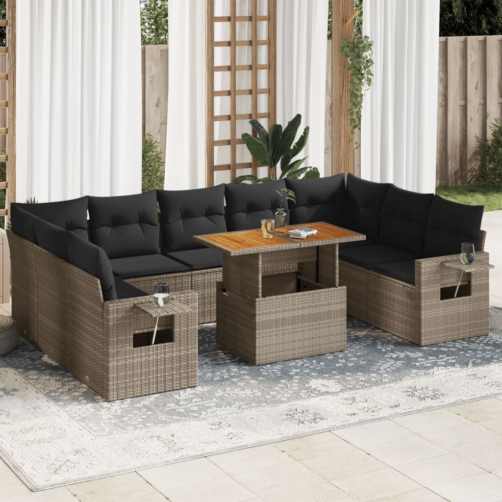 10-tlg. Garten-Sofagarnitur mit Kissen Grau Poly Rattan