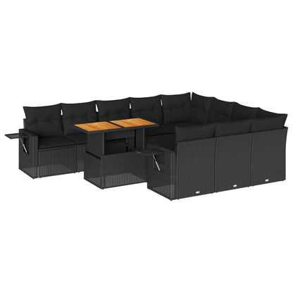 11-tlg. Garten-Sofagarnitur mit Kissen Schwarz Poly Rattan