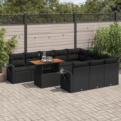 11-tlg. Garten-Sofagarnitur mit Kissen Schwarz Poly Rattan