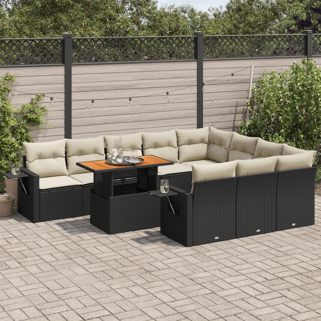 11-tlg. Garten-Sofagarnitur mit Kissen Schwarz Poly Rattan