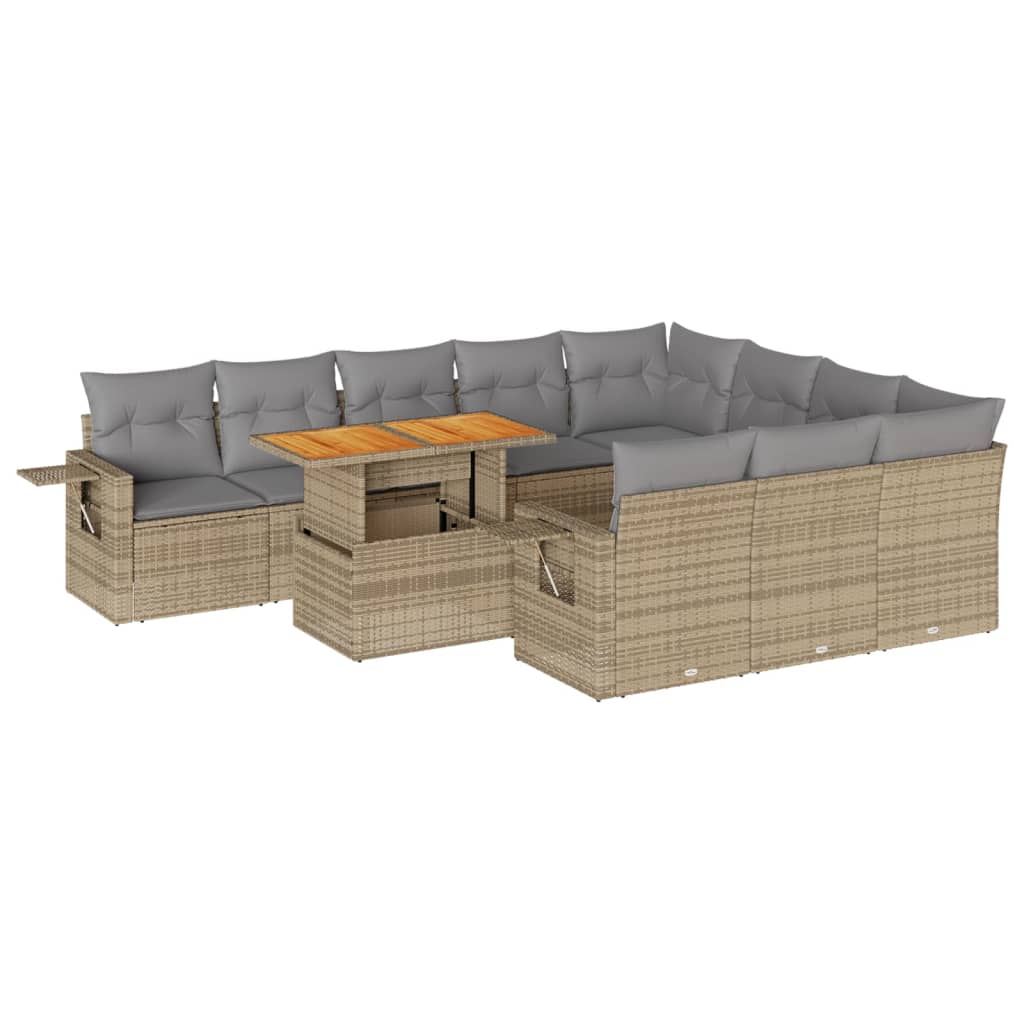 11-tlg. Garten-Sofagarnitur mit Kissen Beige Poly Rattan