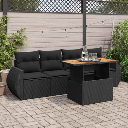 5-tlg. Garten-Sofagarnitur mit Kissen Schwarz Poly Rattan