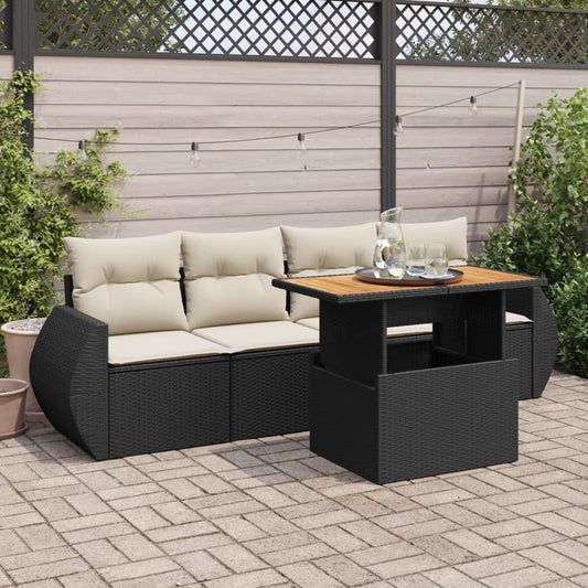 5-tlg. Garten-Sofagarnitur mit Kissen Schwarz Poly Rattan