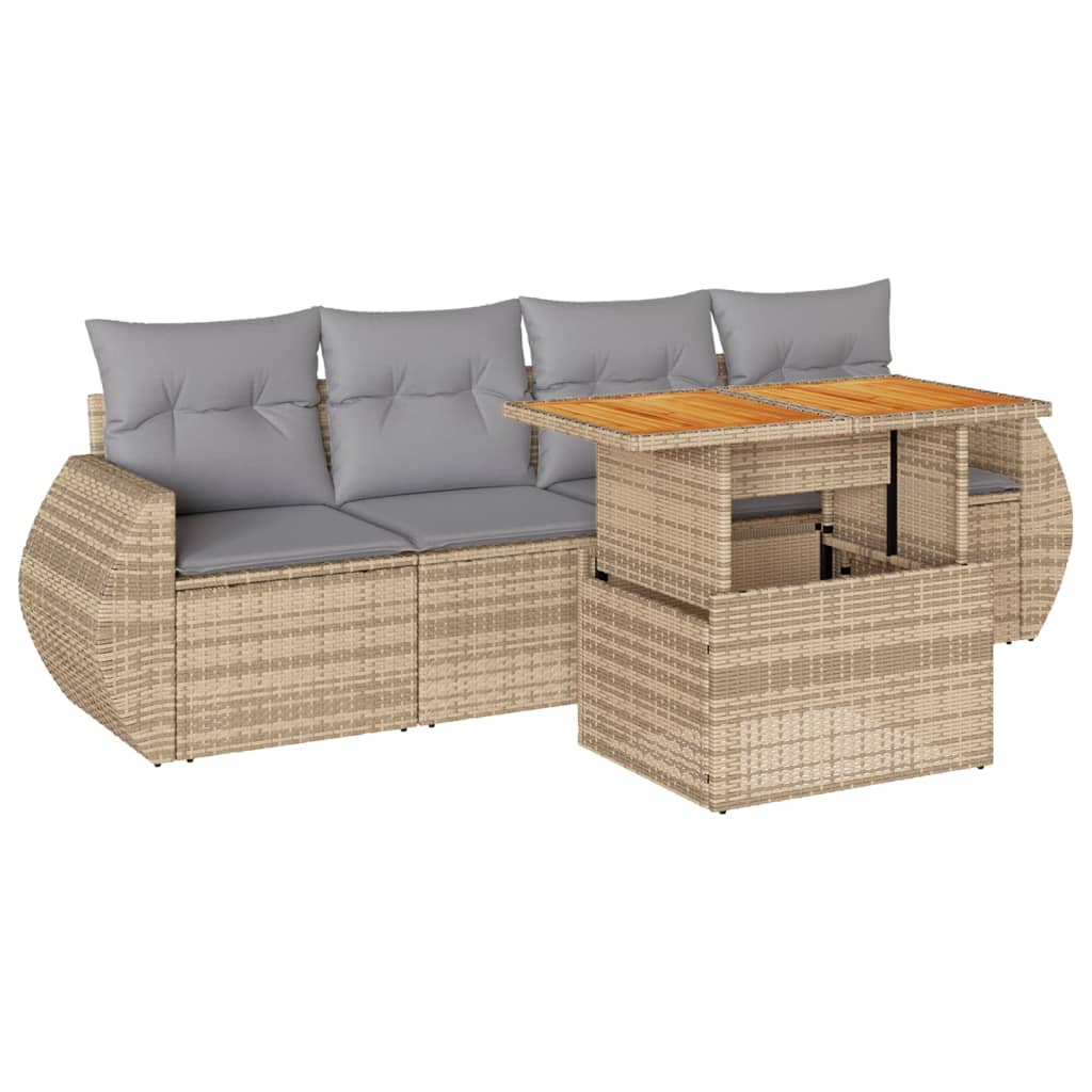 5-tlg. Garten-Sofagarnitur mit Kissen Beige Poly Rattan