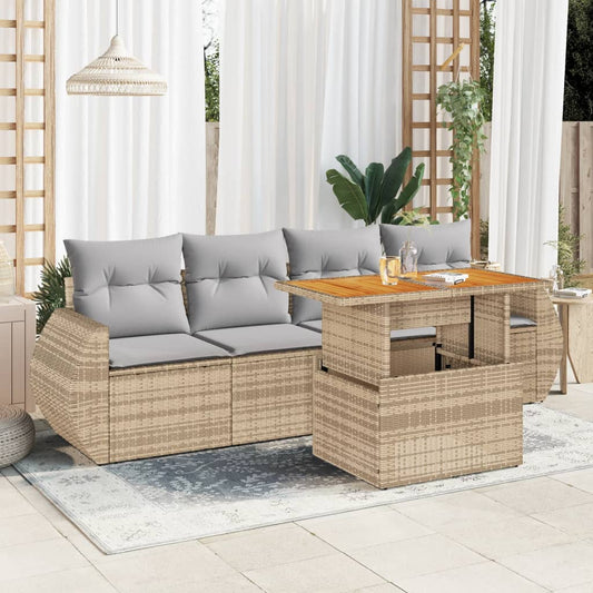 5-tlg. Garten-Sofagarnitur mit Kissen Beige Poly Rattan