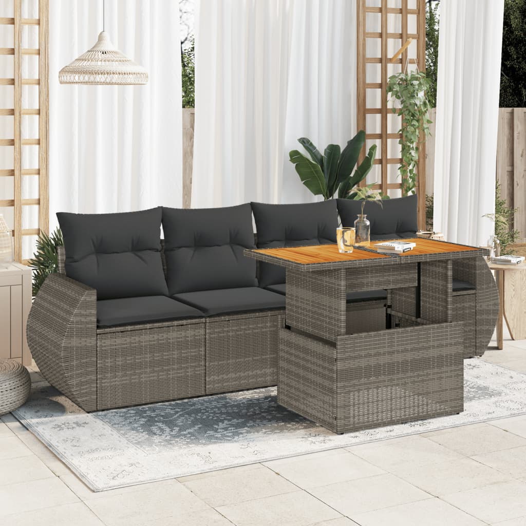 5-tlg. Garten-Sofagarnitur mit Kissen Grau Poly Rattan