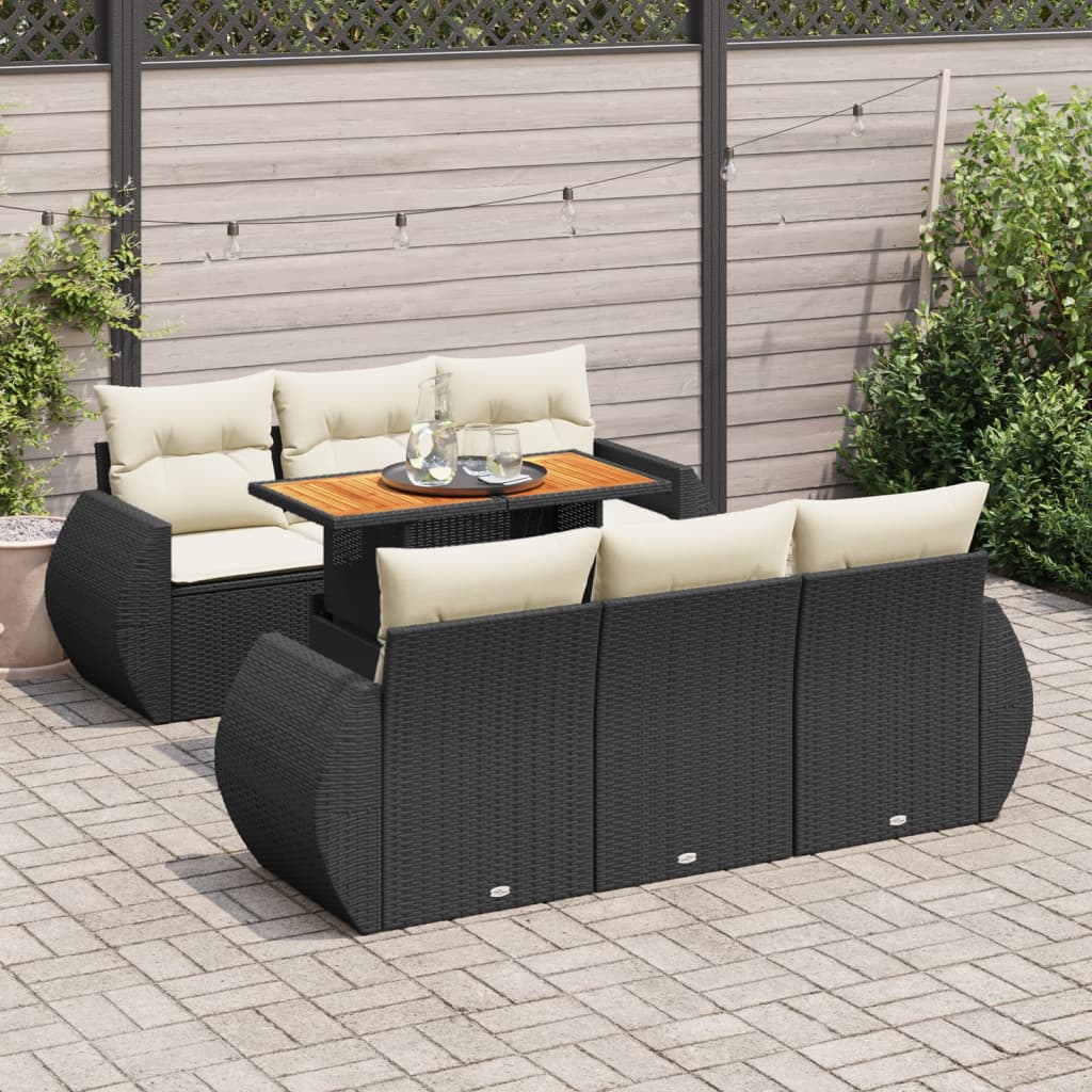 7-tlg. Garten-Sofagarnitur mit Kissen Schwarz Poly Rattan