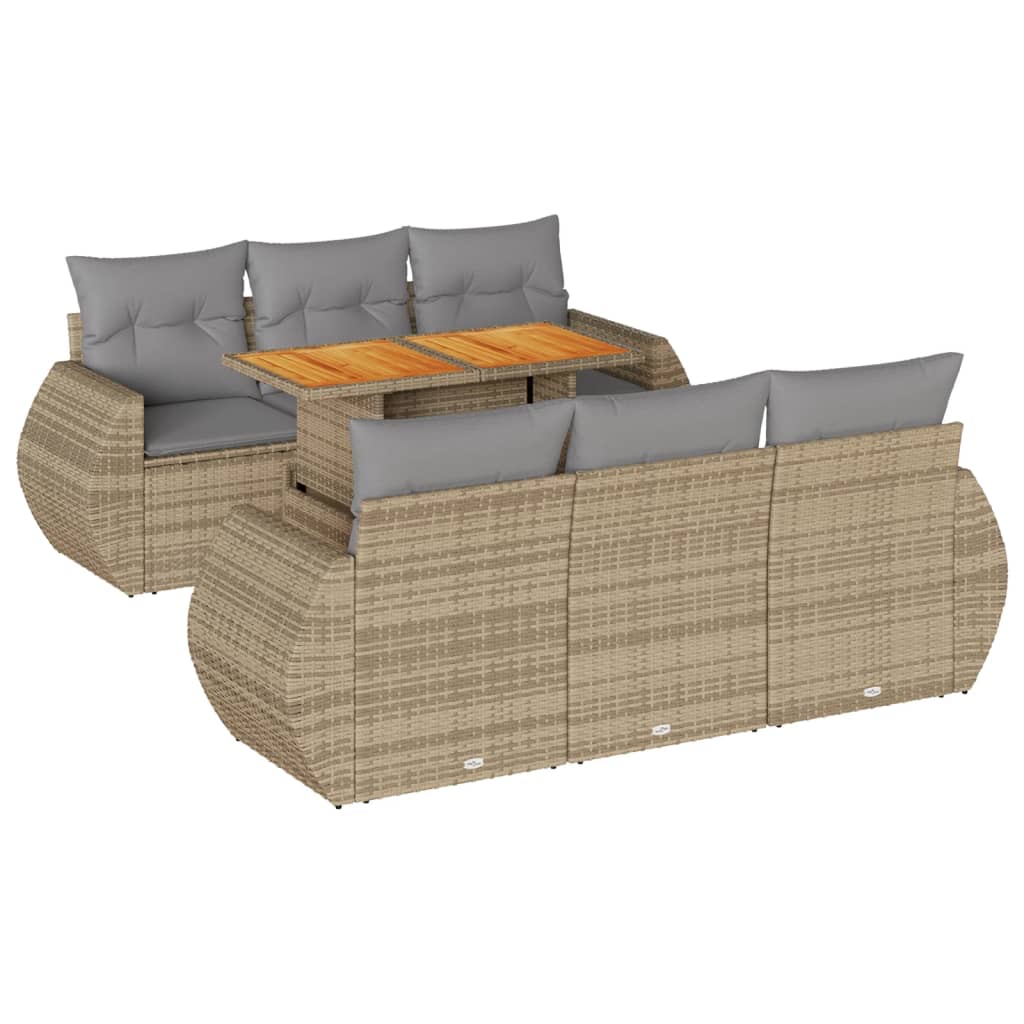 7-tlg. Garten-Sofagarnitur mit Kissen Beige Poly Rattan