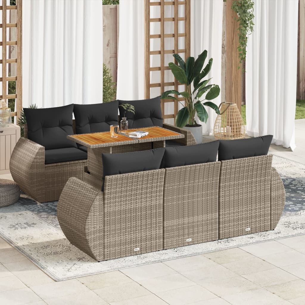 7-tlg. Garten-Sofagarnitur mit Kissen Grau Poly Rattan