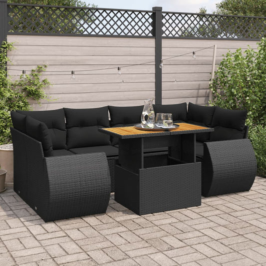 7-tlg. Garten-Sofagarnitur mit Kissen Schwarz Poly Rattan