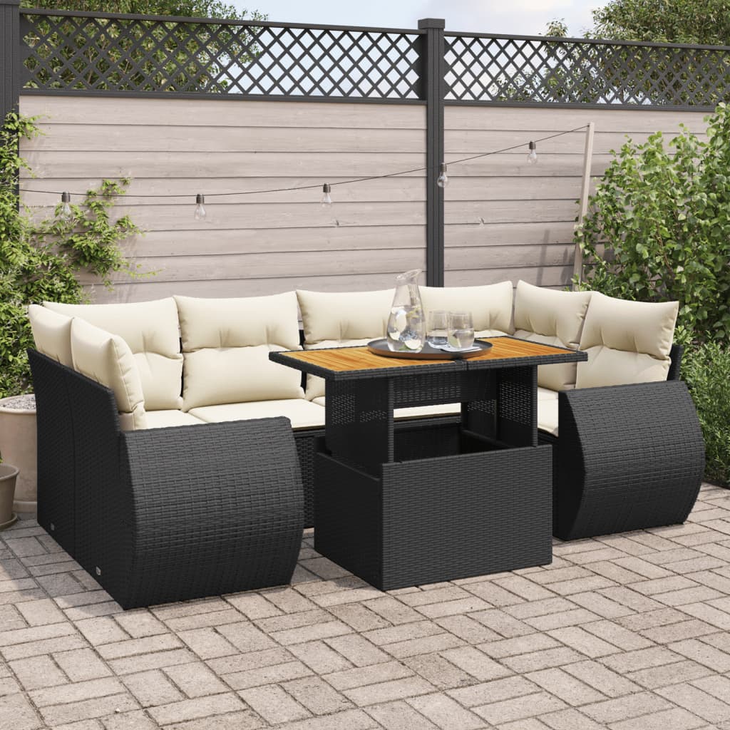 7-tlg. Garten-Sofagarnitur mit Kissen Schwarz Poly Rattan