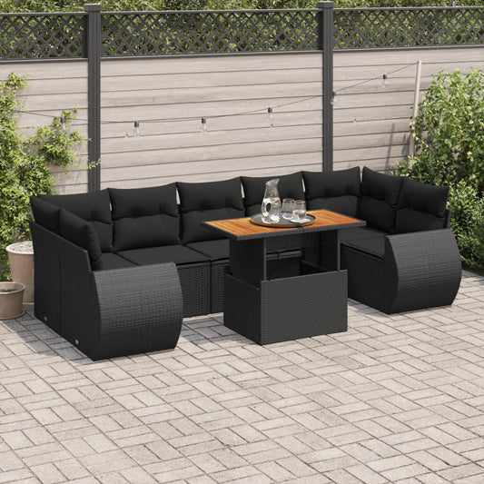 8-tlg. Garten-Sofagarnitur mit Kissen Schwarz Poly Rattan