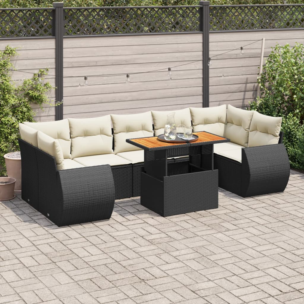 8-tlg. Garten-Sofagarnitur mit Kissen Schwarz Poly Rattan