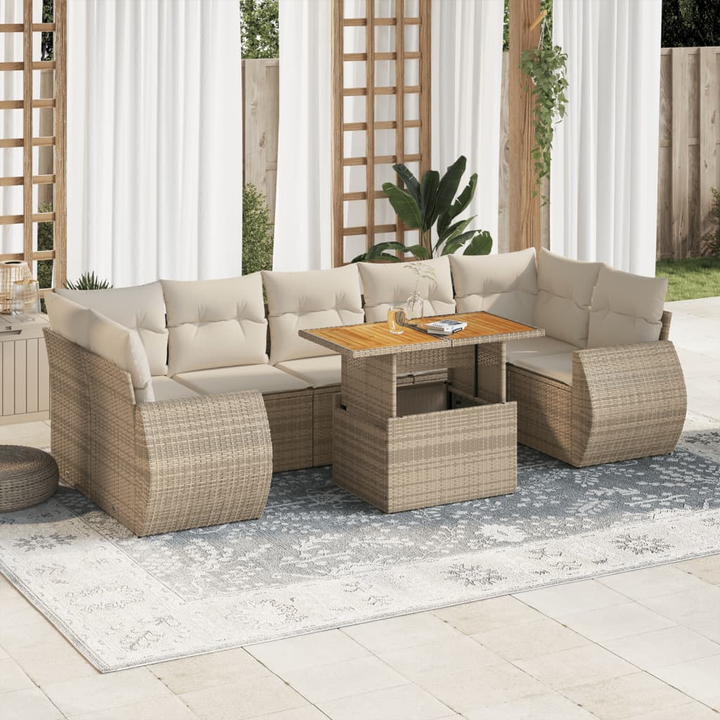 8-tlg. Garten-Sofagarnitur mit Kissen Beige Poly Rattan