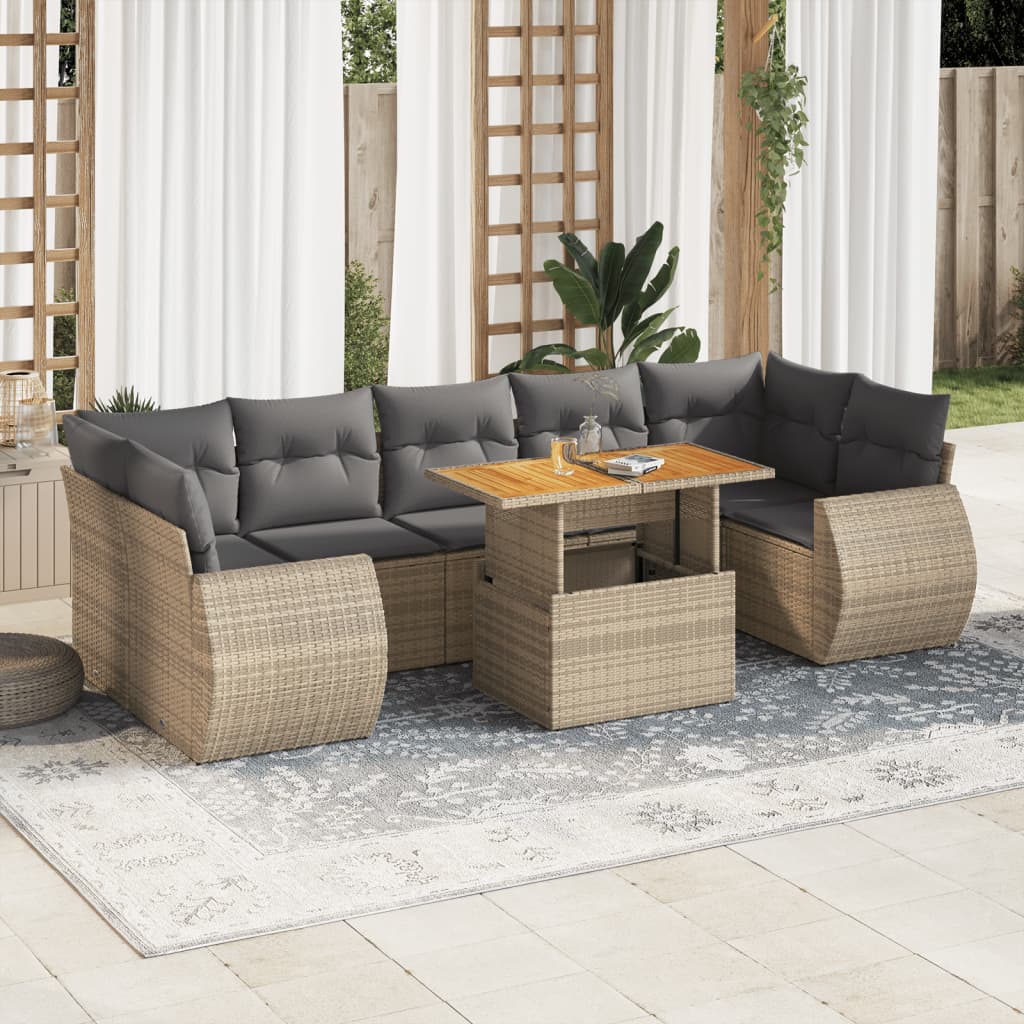 8-tlg. Garten-Sofagarnitur mit Kissen Beige Poly Rattan