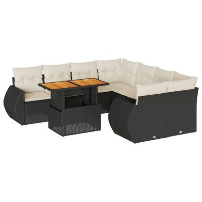 9-tlg. Garten-Sofagarnitur mit Kissen Schwarz Poly Rattan