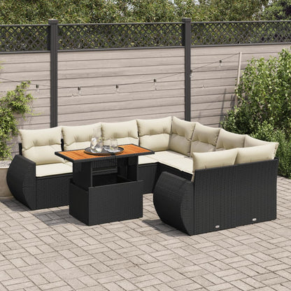 9-tlg. Garten-Sofagarnitur mit Kissen Schwarz Poly Rattan