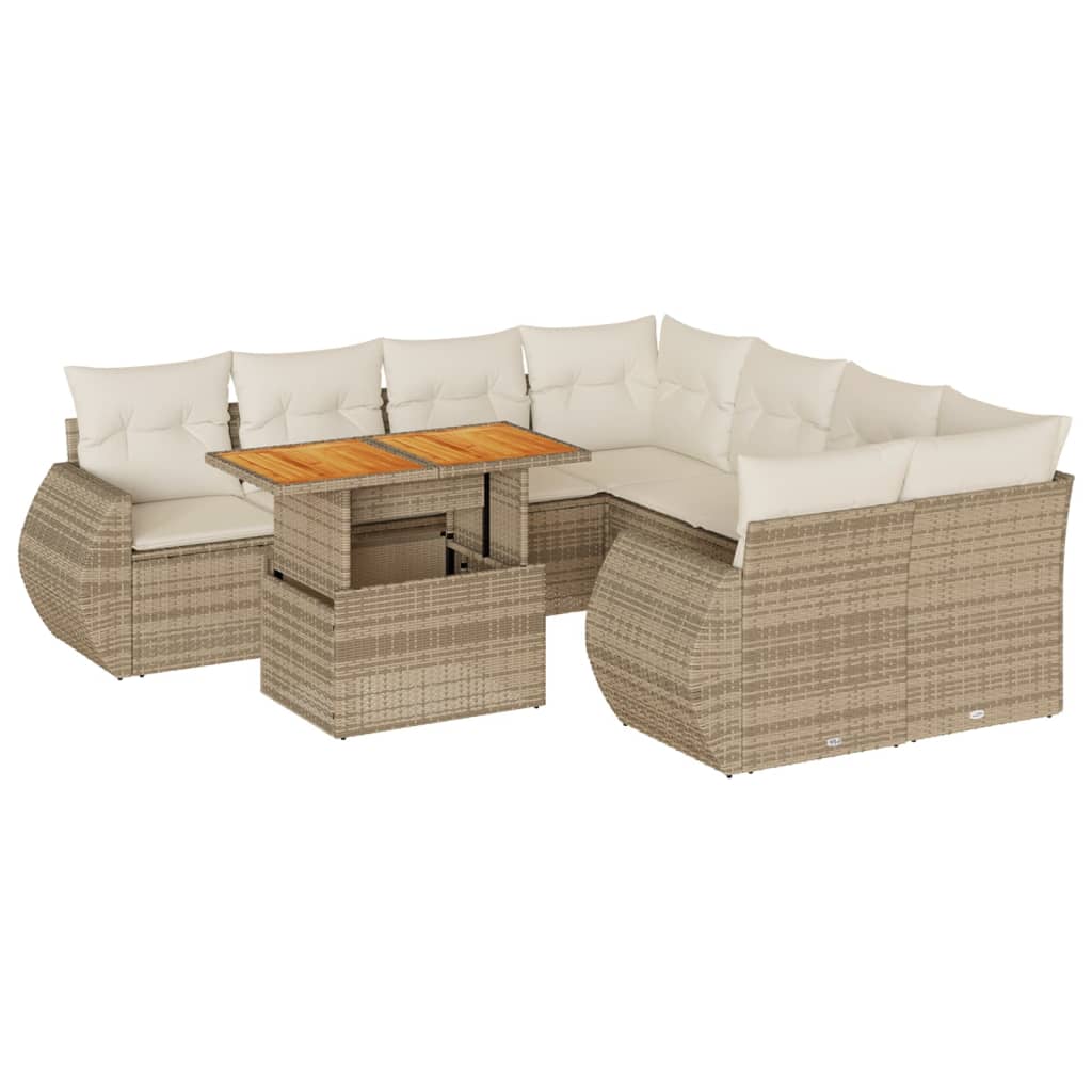 9-tlg. Garten-Sofagarnitur mit Kissen Beige Poly Rattan