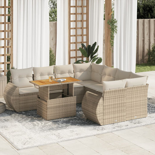 9-tlg. Garten-Sofagarnitur mit Kissen Beige Poly Rattan