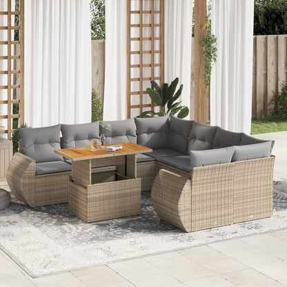 9-tlg. Garten-Sofagarnitur mit Kissen Beige Poly Rattan