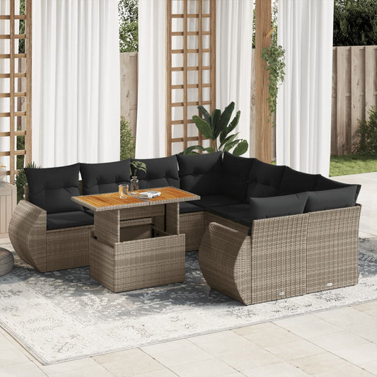 9-tlg. Garten-Sofagarnitur mit Kissen Grau Poly Rattan