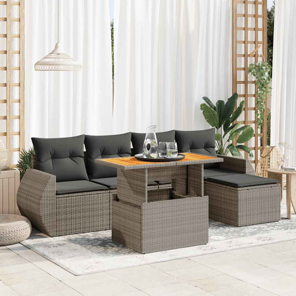 6-tlg. Garten-Sofagarnitur mit Kissen Grau Poly Rattan