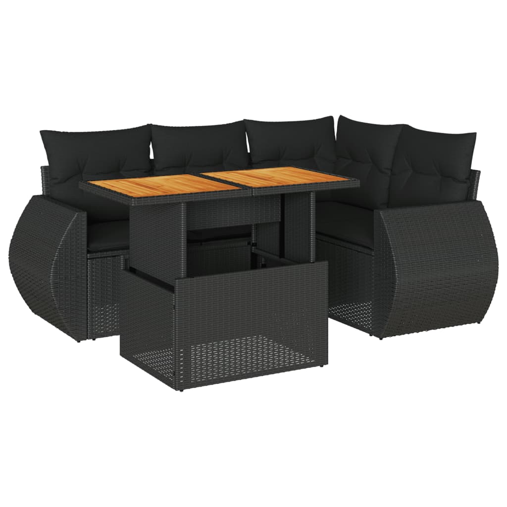 5-tlg. Garten-Sofagarnitur mit Kissen Schwarz Poly Rattan