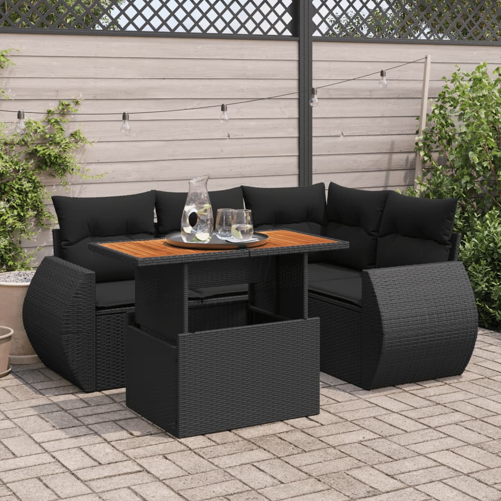 5-tlg. Garten-Sofagarnitur mit Kissen Schwarz Poly Rattan