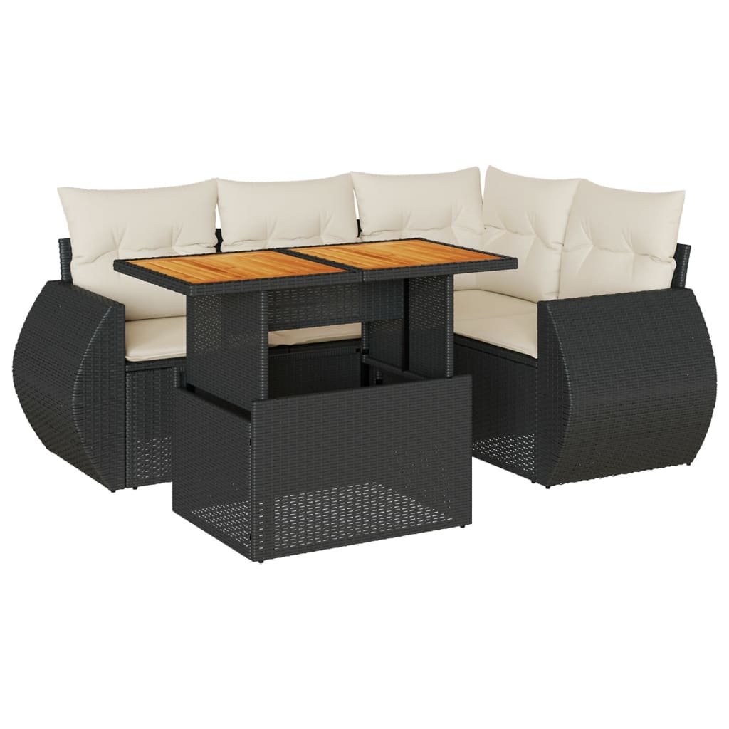 5-tlg. Garten-Sofagarnitur mit Kissen Schwarz Poly Rattan