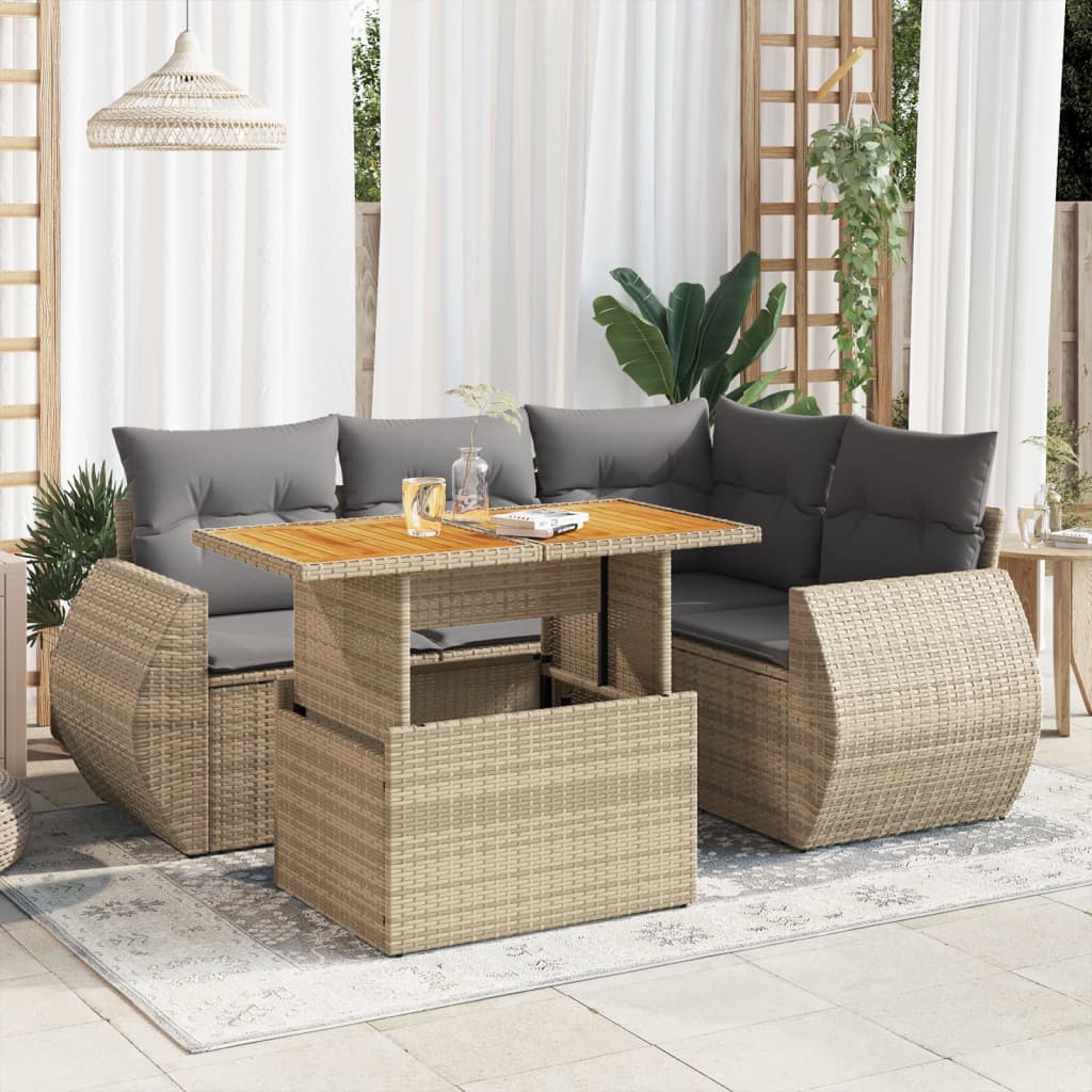 5-tlg. Garten-Sofagarnitur mit Kissen Beige Poly Rattan