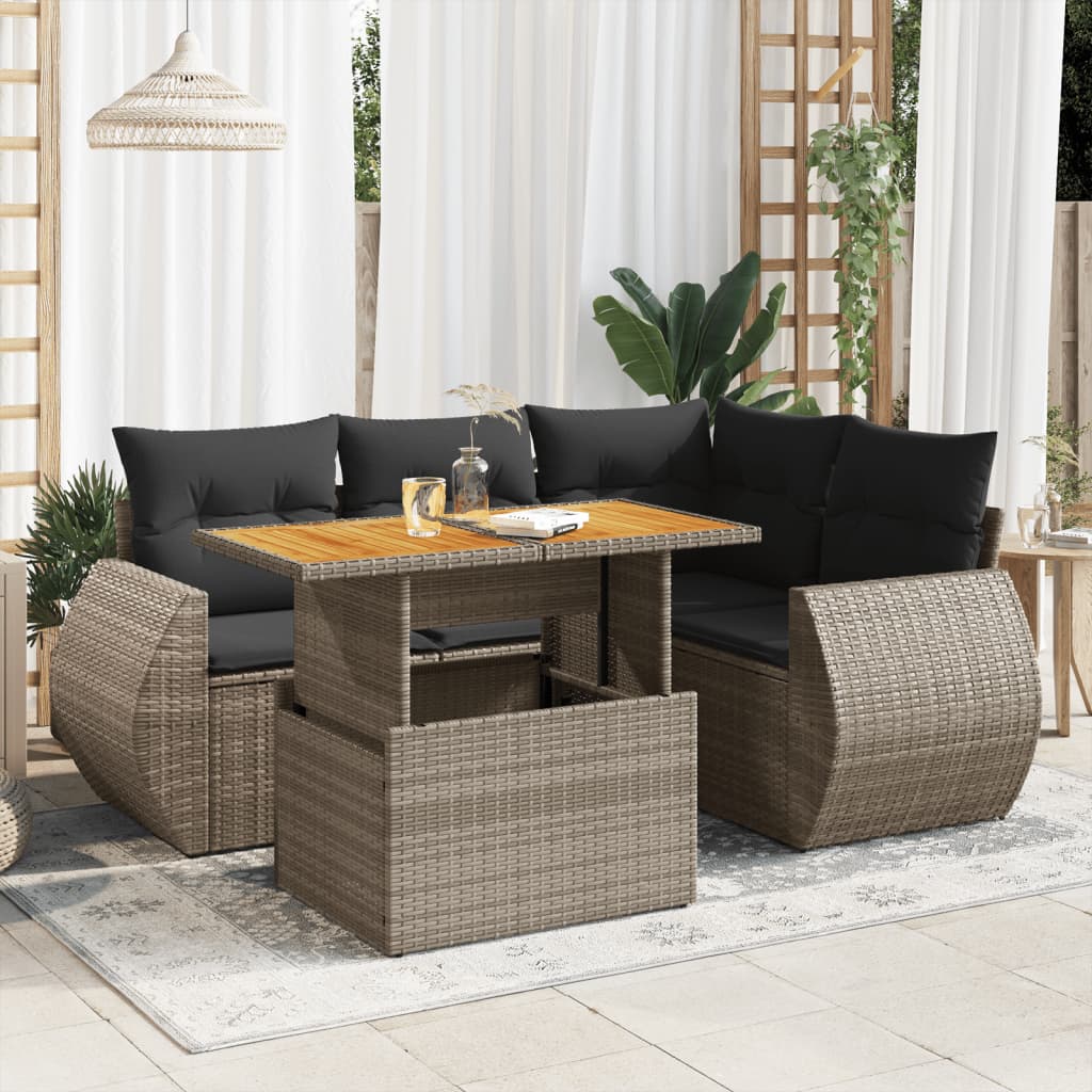 5-tlg. Garten-Sofagarnitur mit Kissen Grau Poly Rattan