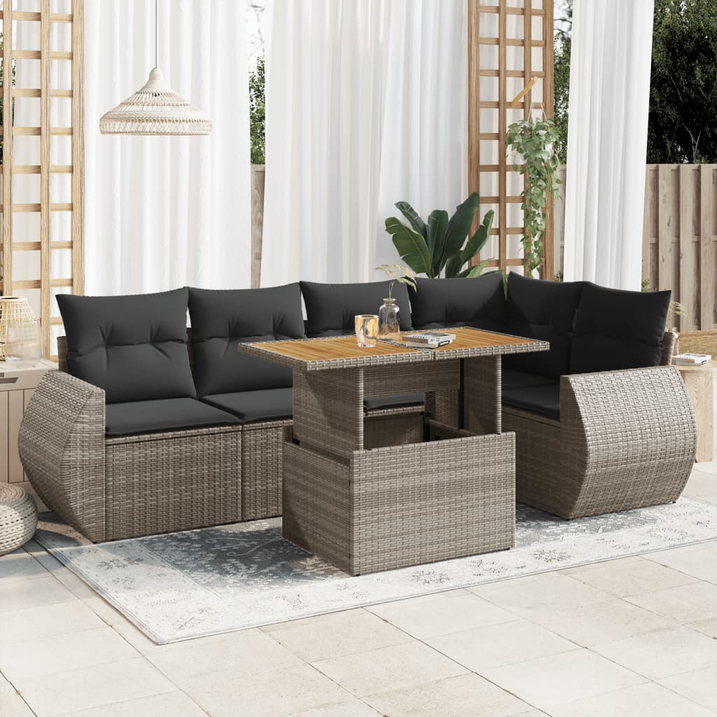 6-tlg. Garten-Sofagarnitur mit Kissen Grau Poly Rattan