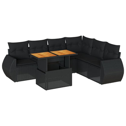 7-tlg. Garten-Sofagarnitur mit Kissen Schwarz Poly Rattan