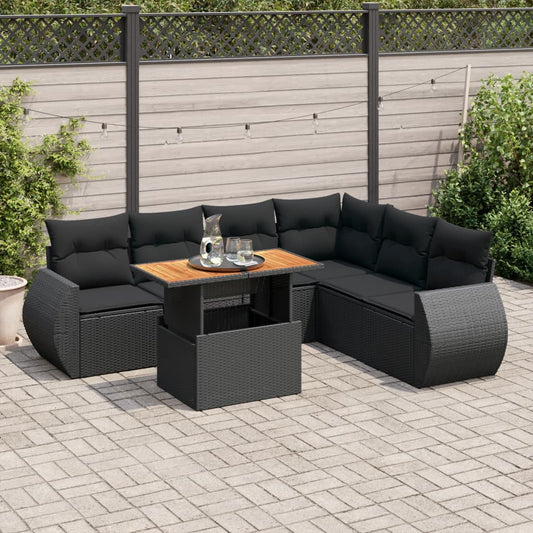 7-tlg. Garten-Sofagarnitur mit Kissen Schwarz Poly Rattan