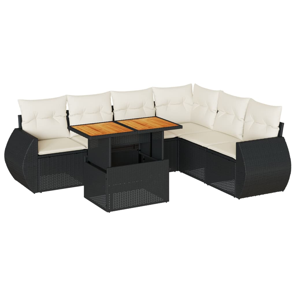 7-tlg. Garten-Sofagarnitur mit Kissen Schwarz Poly Rattan