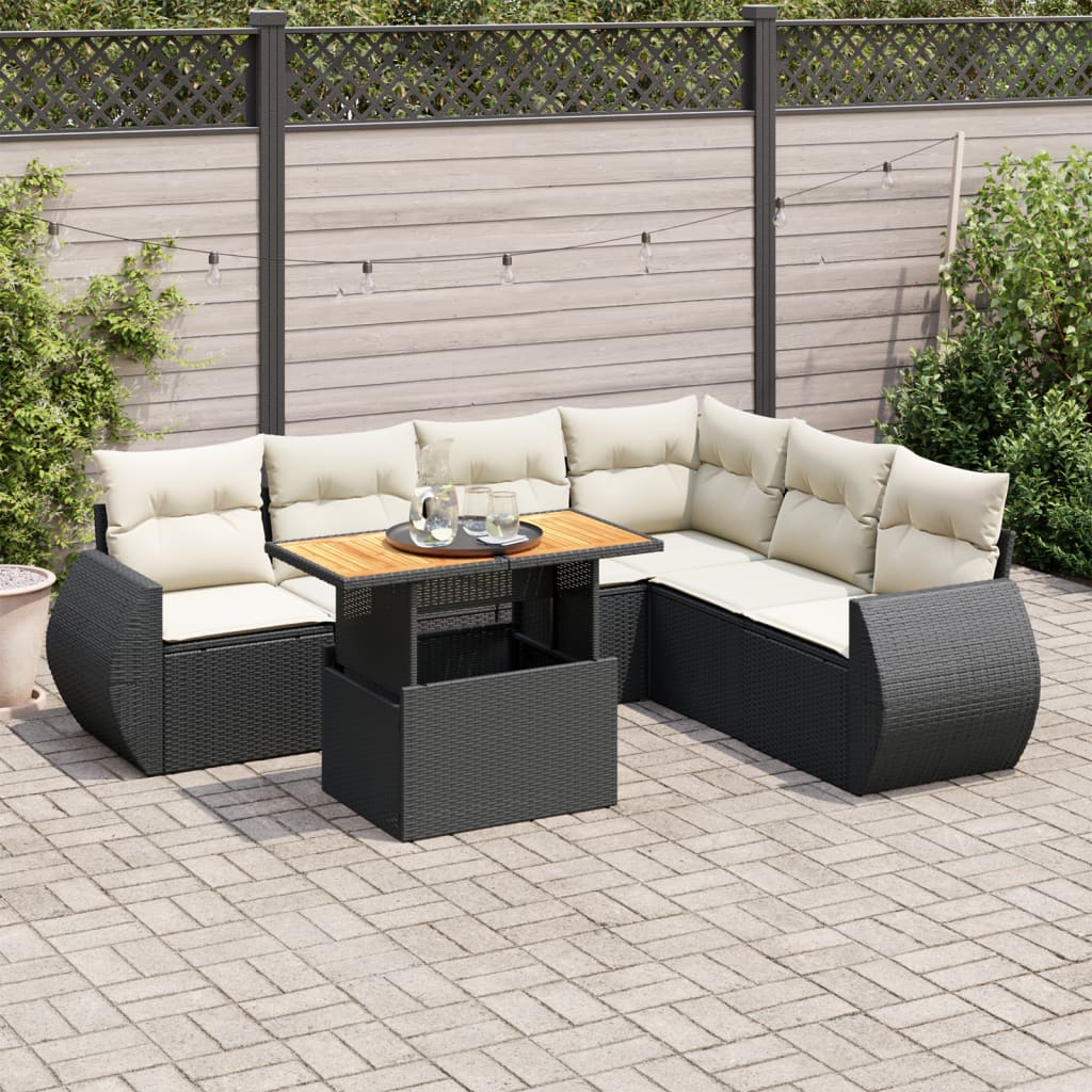 7-tlg. Garten-Sofagarnitur mit Kissen Schwarz Poly Rattan