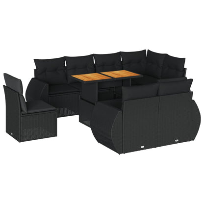 9-tlg. Garten-Sofagarnitur mit Kissen Schwarz Poly Rattan