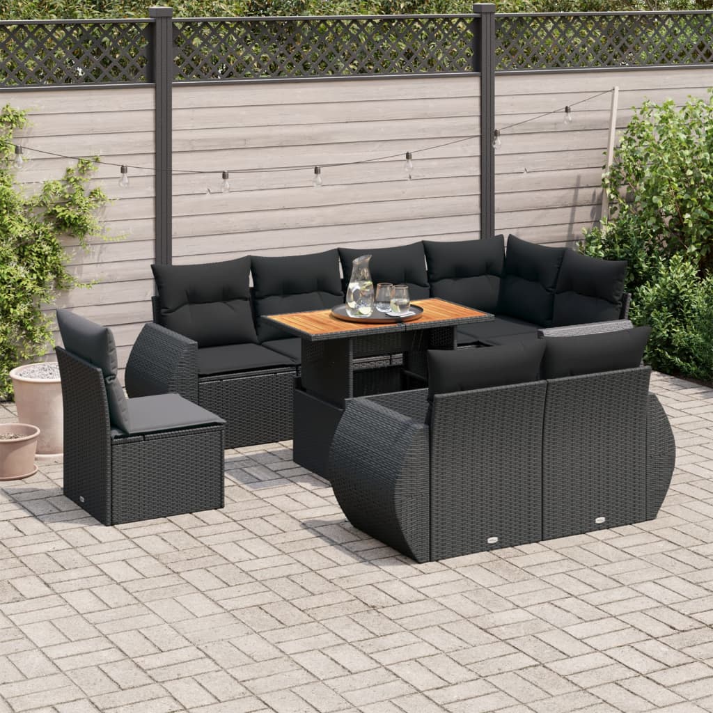 9-tlg. Garten-Sofagarnitur mit Kissen Schwarz Poly Rattan