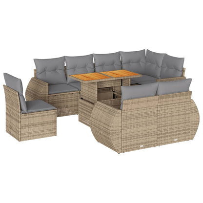 9-tlg. Garten-Sofagarnitur mit Kissen Beige Poly Rattan