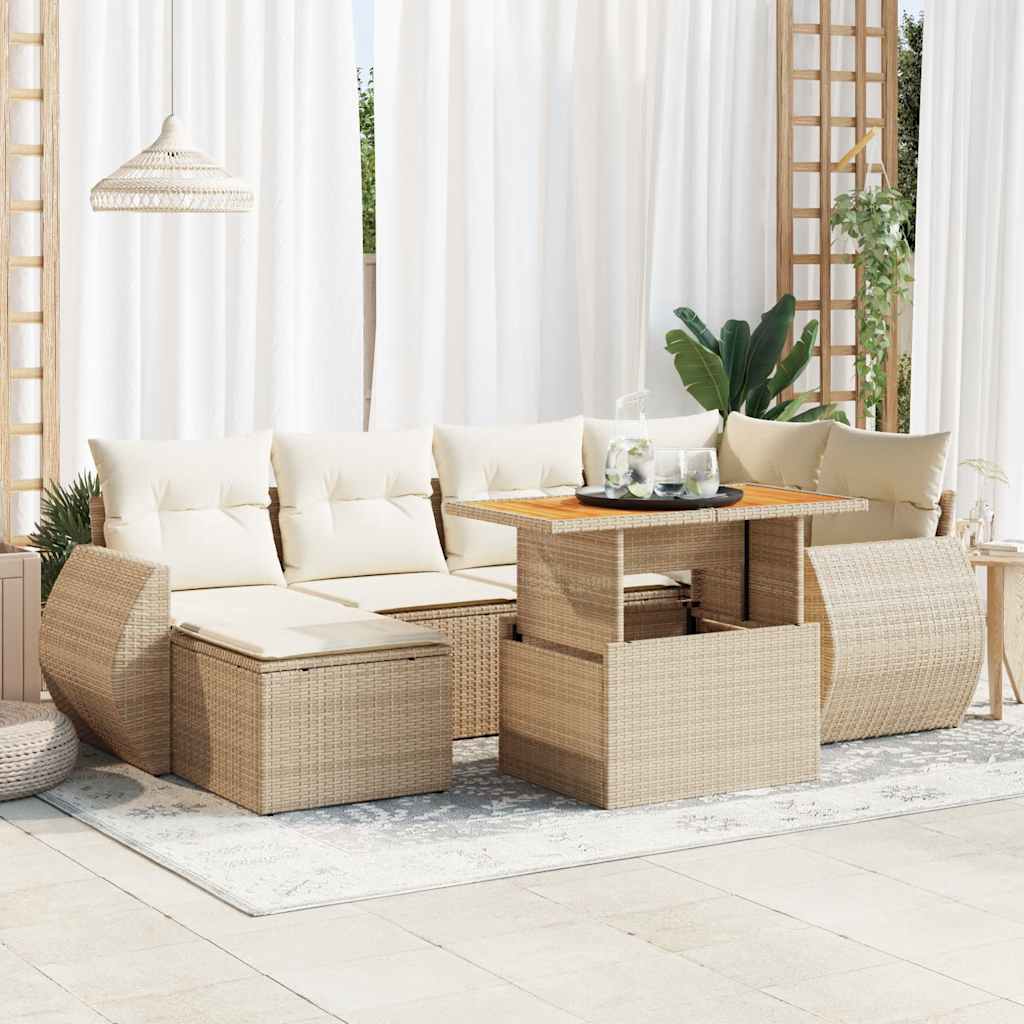 7-tlg. Garten-Sofagarnitur mit Kissen Beige Poly Rattan