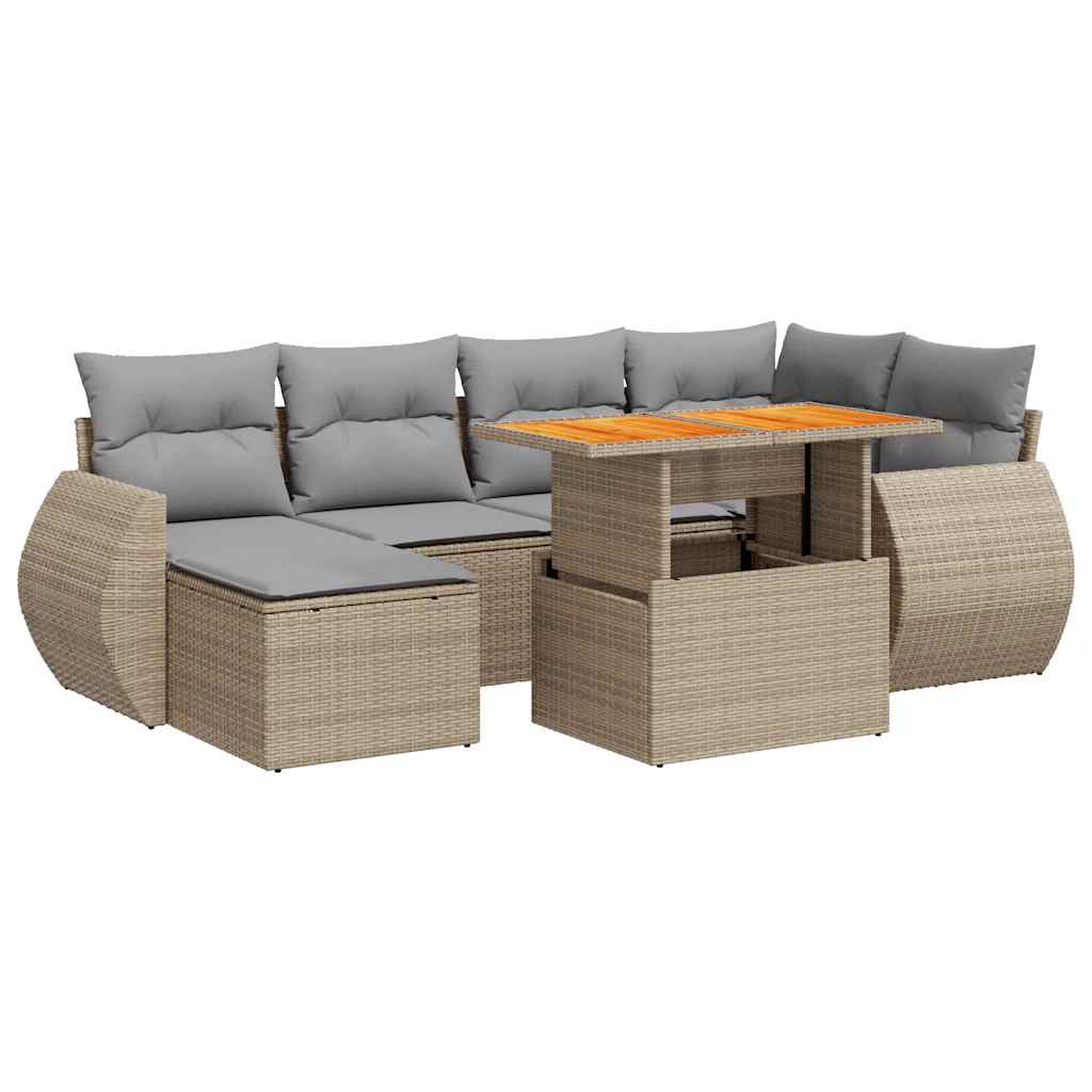 7-tlg. Garten-Sofagarnitur mit Kissen Beige Poly Rattan