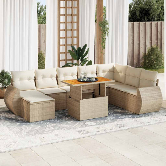 9-tlg. Garten-Sofagarnitur mit Kissen Beige Poly Rattan