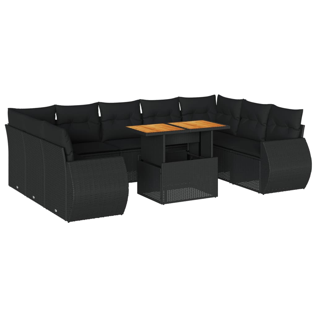 10-tlg. Garten-Sofagarnitur mit Kissen Schwarz Poly Rattan