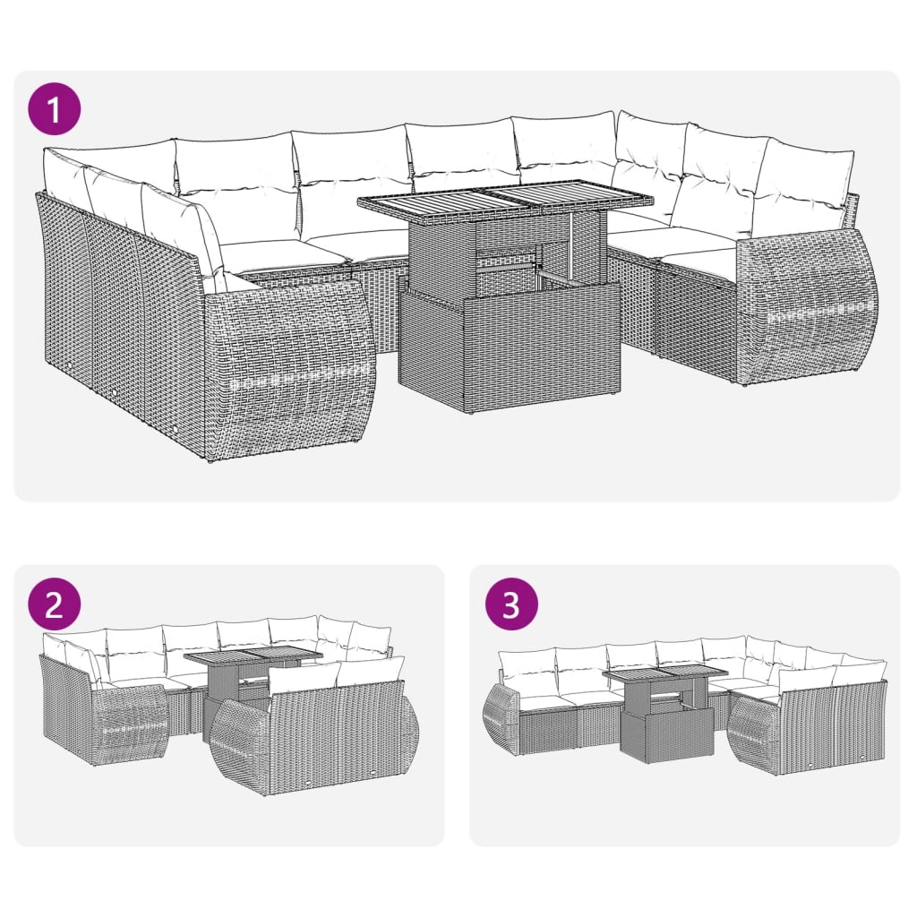 10-tlg. Garten-Sofagarnitur mit Kissen Schwarz Poly Rattan