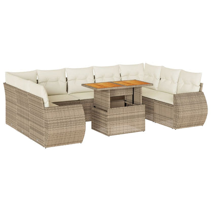 10-tlg. Garten-Sofagarnitur mit Kissen Beige Poly Rattan