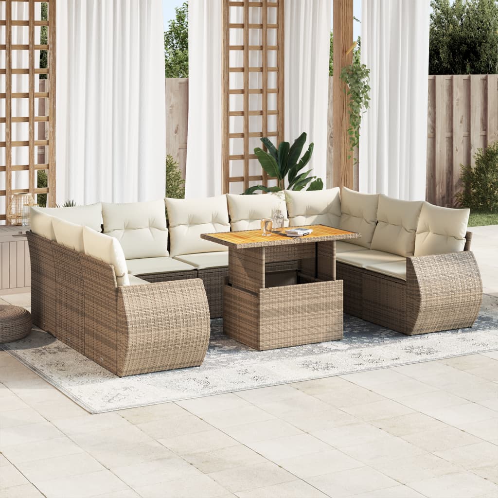 10-tlg. Garten-Sofagarnitur mit Kissen Beige Poly Rattan