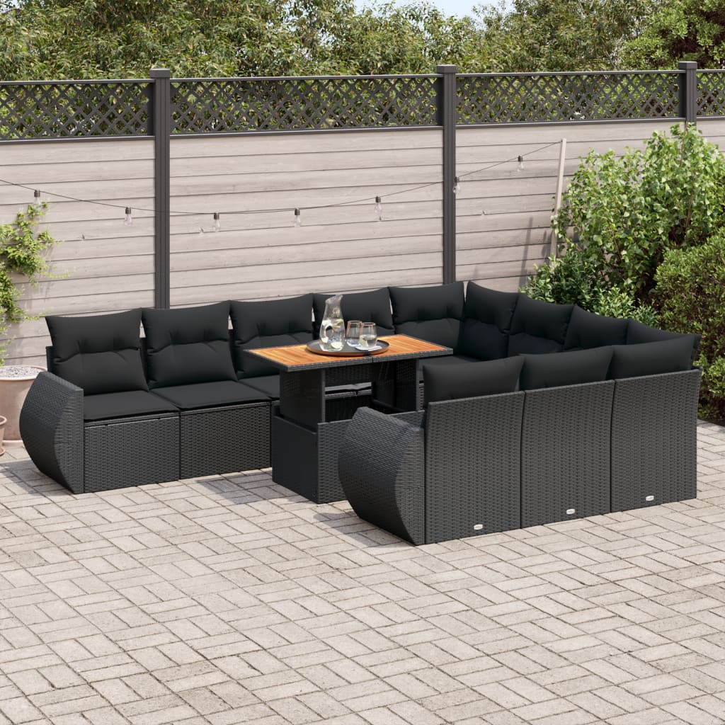 11-tlg. Garten-Sofagarnitur mit Kissen Schwarz Poly Rattan